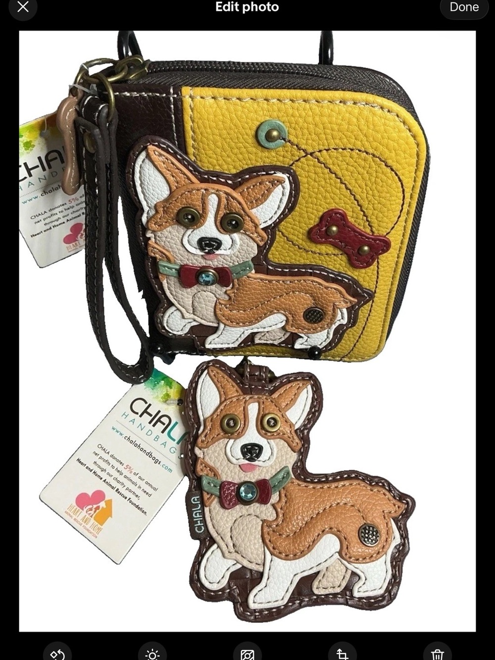 Chala Yellow & Brown Corgi Wristlet Wallet with Corgi Charm